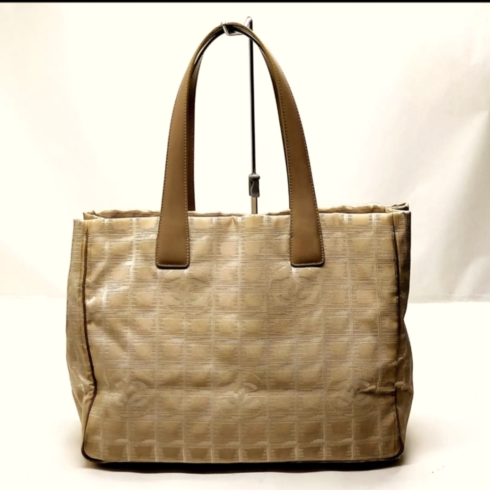 CHANEL Beige Quilted Canvas Tote with Tan Leather Handles